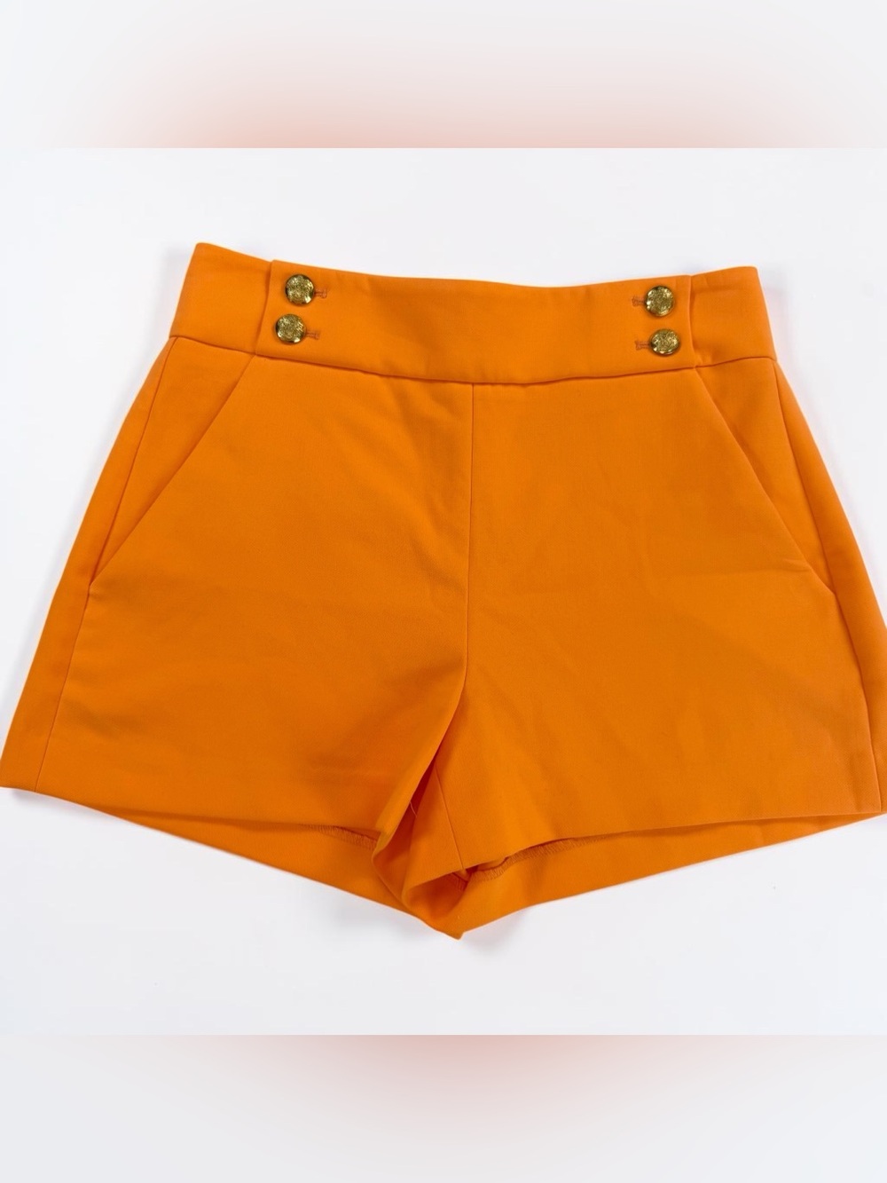Veronica Beard Kimm High Waisted Orange Shorts with Gold Buttons - Picture 2 of 5